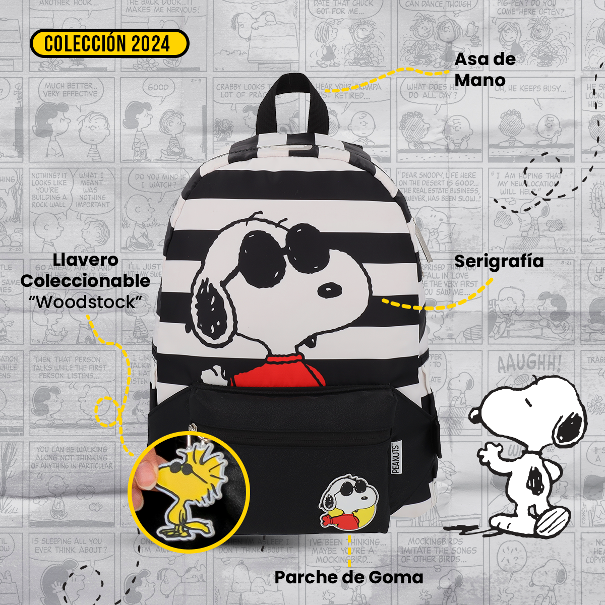 Mochila con cangurera Peanuts Snoopy Black and White