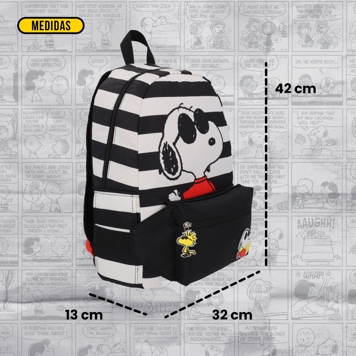 Mochila con cangurera Peanuts Snoopy Black and White