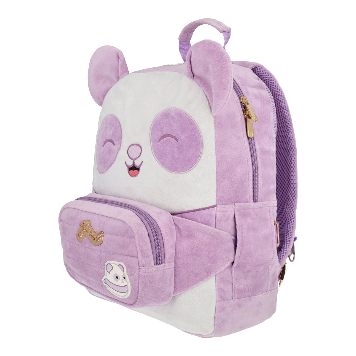 Mochila Squishmallows Panda Lila con cangurera incluida