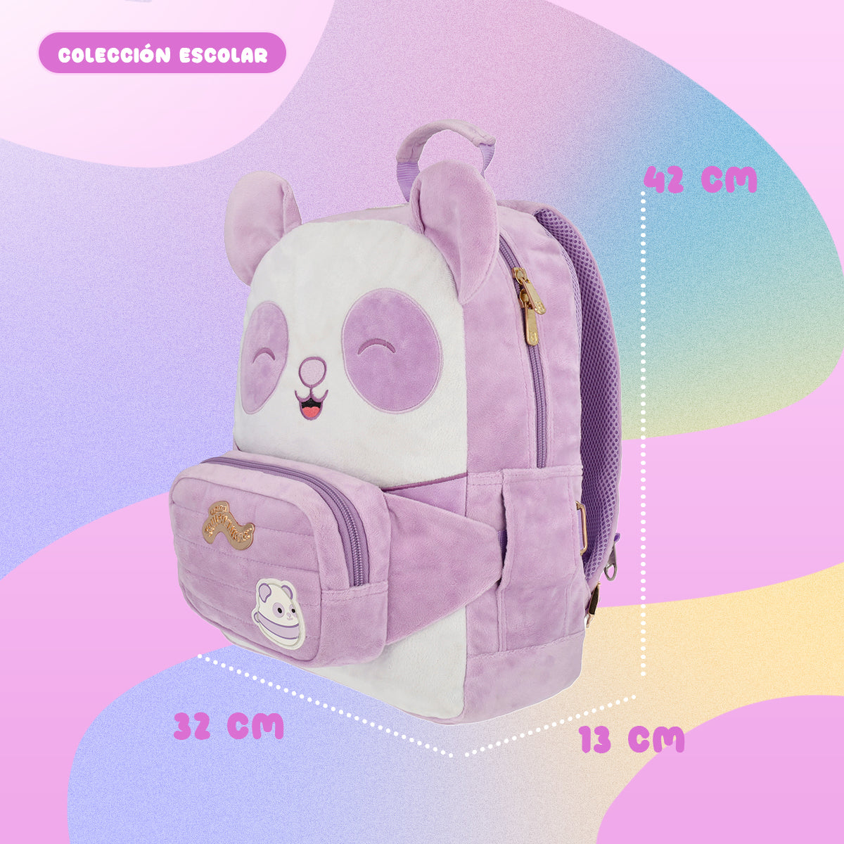 Mochila Squishmallows Panda Lila con cangurera incluida