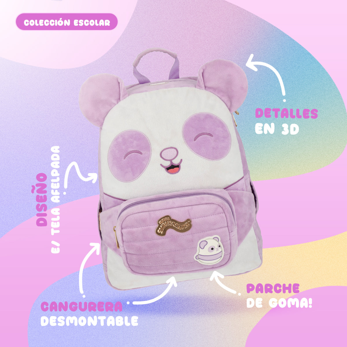 Mochila Squishmallows Panda Lila con cangurera incluida